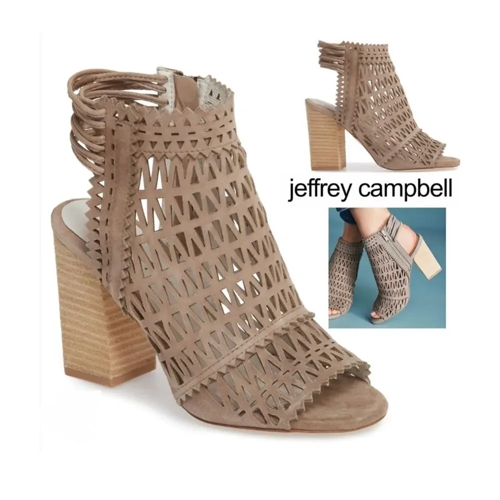 JEFFREY CAMPBELL Ottawa Taupe Suede Leather Shoes Block Heel Open Toe Bootie 8.5